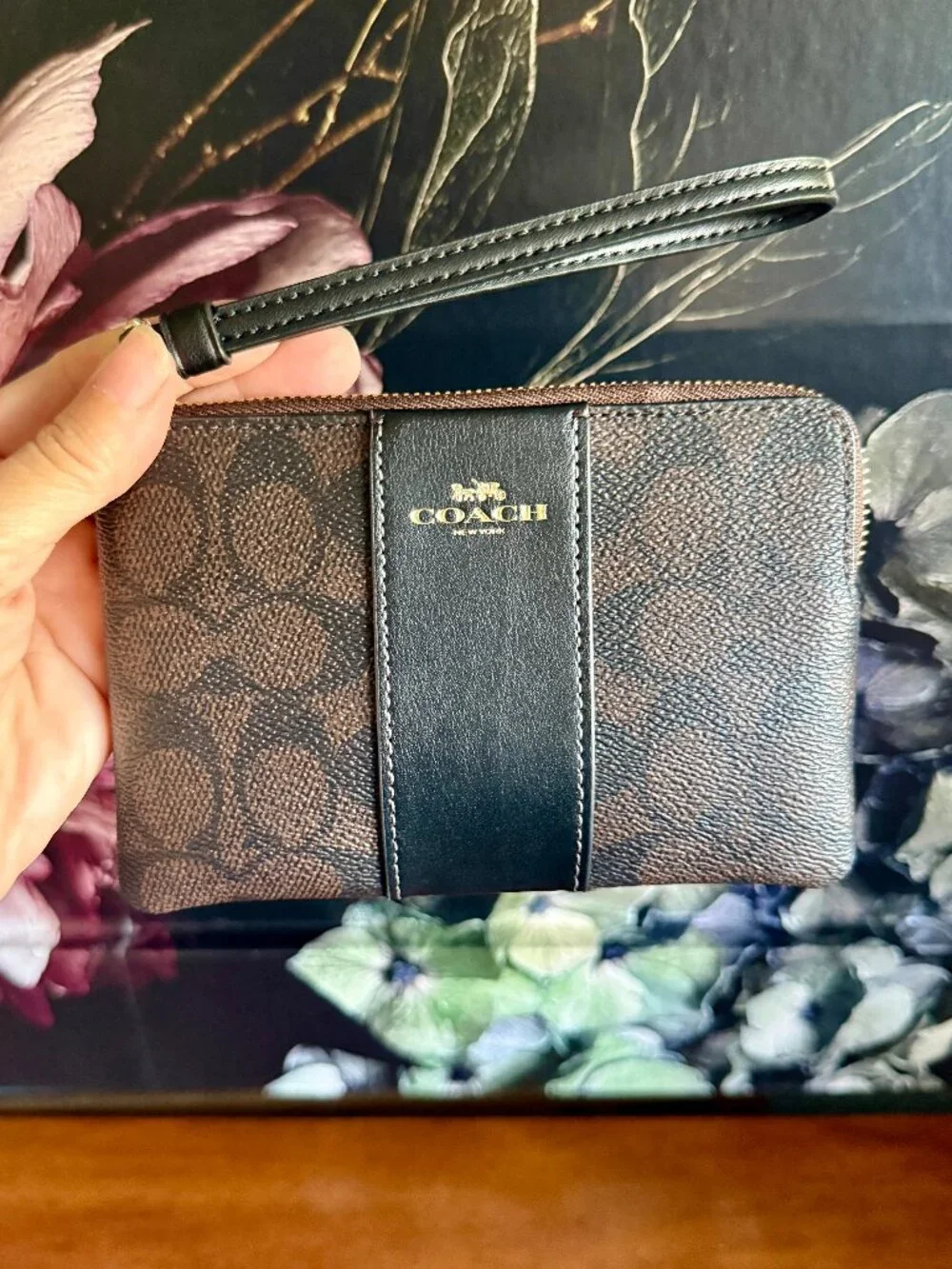 NEW Coach Dark Brown Corner Zip Wristlet with Gold Logo